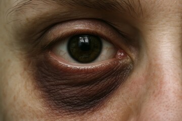 Close-up of a black eye revealing injury and pain. Bruising around the eye suggests trauma or violence.