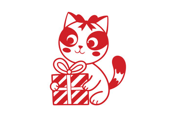 Adorable red and white outlined kitten holds a striped gift tied with a bow