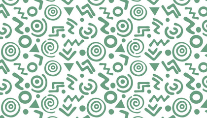 Abstract geometric pattern with green swirls circles triangles and zigzag shapes