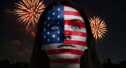 Young Woman With American Flag Painted On Her Face Watching Fireworks Display On Independence Day Celebration