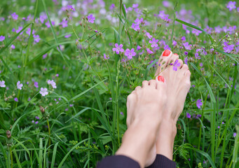 female feet close-up against the background of grass and small flowers