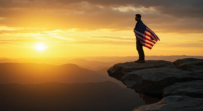 A Man Standing Proudly On A Mountain Cliff Holding An American Flag At Sunset