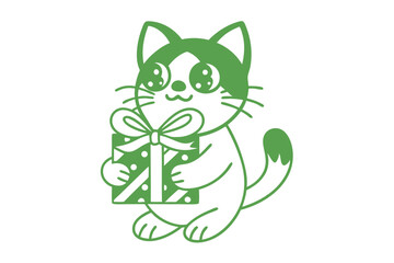 An adorable cartoon kitten gently holds a green present adorned with white polka dots