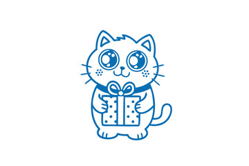 Animated kitten in blue line art presents a delightful polkadotted gift box with ribbons