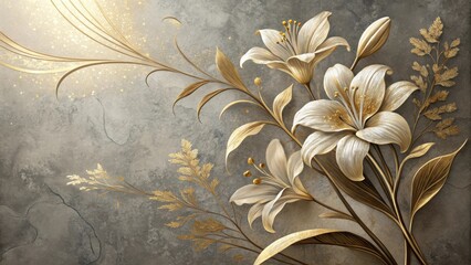 Elegant white lilies adorned with golden accents on a textured gray background