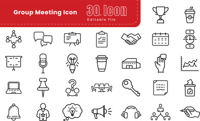 Group meeting icon set. Thin line editable stroke Outline icons collection. business meeting, presentation, interview, conference, assembly, agreement and discussion icons. 