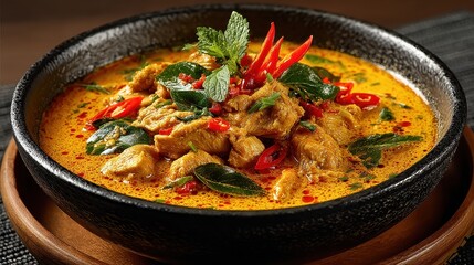 Rich Fish Curry Dish in a Wooden Bowl Garnished with Spices and Chillies on Dark Backdrop