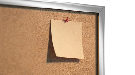 Blank craft paper note pinned cork-board mockup, depth of field