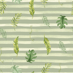 Watercolor Tropical Leaves Seamless Pattern on a green striped background. Palm, Eucalyptus and Monstera with Liana, horizontal Brush Strokes or Lines. Watercolor Hand drawn illustration. For