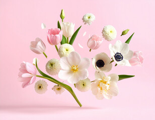 Assortment of delicate white and pink flowers, including tulips and anemones, levitate gracefully against a soft pastel pink background.