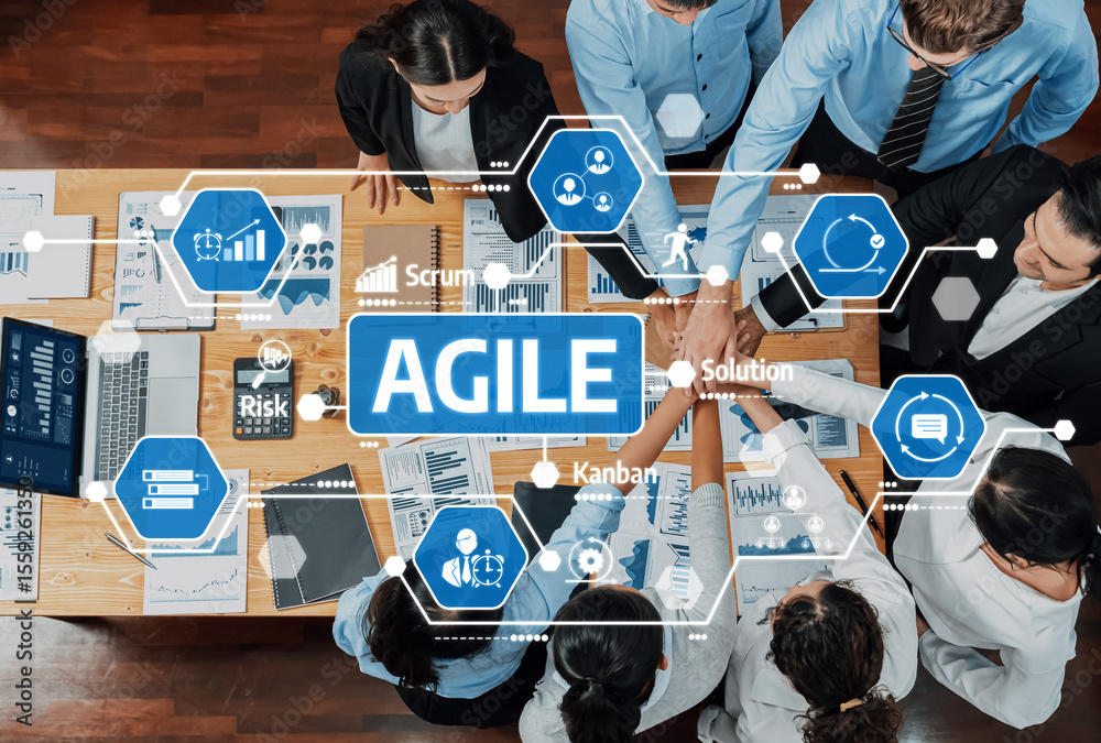 Poster a top view of a diverse team collaborating on agile project management, utilizing visual data and sc