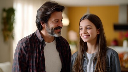 Happy caucasian father and daughter smiling together at home