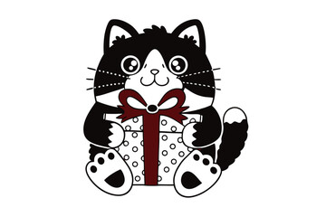 Black and white cartoon cat is seated holding a gift with a bow