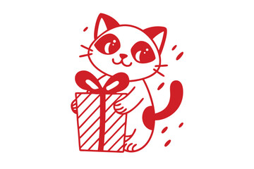 A cute cartoon cat lovingly holds a wrapped striped gift with a bow