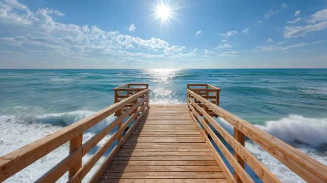 Pathway to Tranquility: A scenic wooden pier extends into the vast turquoise ocean, under a radiant sun. The gentle waves crash against the shore, creating a soothing atmosphere of peace and serenity.