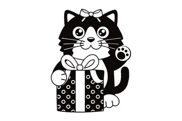 Black and white cartoon kitty is presenting a polka dotted gift box happily