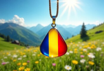 Romanian Flag Pendant with Twisted Chain Against Scenic Landscape 