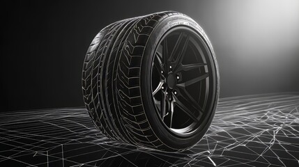 Modern car tire and rim on a digital wireframe surface. Advanced vehicle technology for powerful performance.