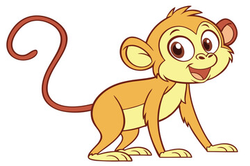 A cheerful cartoon monkey stands smiling, its long tail curved playfully behind it