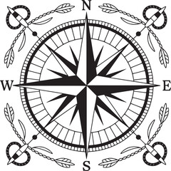 Detailed illustration of a black and white compass rose with arrows and directional indicators