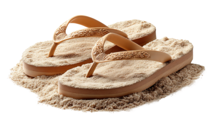 Sandals on the Beach: A pair of beige flip-flops rests on a small pile of sand, evoking a sense of relaxation and summer vacation.