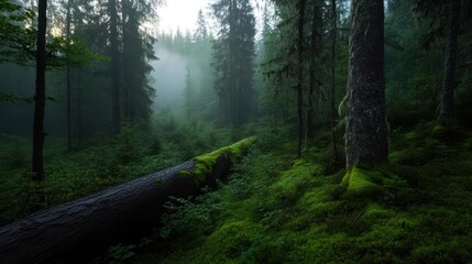 Obraz premium Lush Green Forest Scene With Morning Mist Sunlight Through Trees And Fallen Log In Woodland
