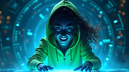 Cute hacker girl wearing green to yellow hoodie and wearing mask with technology background.