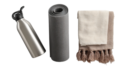 Meditation Kit Essentials: An organized composition of yoga mat, water bottle, and soft blanket, representing the elements needed for a serene yoga session. 