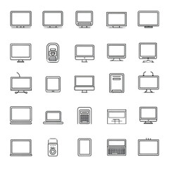 Digital Display Collection: A comprehensive illustration showcasing an array of digital displays, meticulously designed in a minimalist style, perfect for tech-related themes and design projects. 