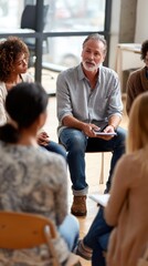 Diverse group therapy session with mature caucasian male leader in casual setting