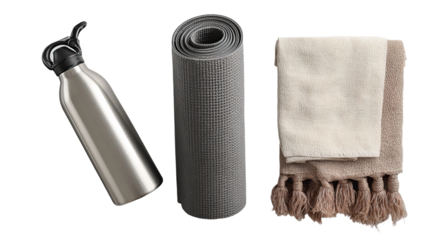 Meditation Kit Essentials: An organized composition of yoga mat, water bottle, and soft blanket, representing the elements needed for a serene yoga session. 