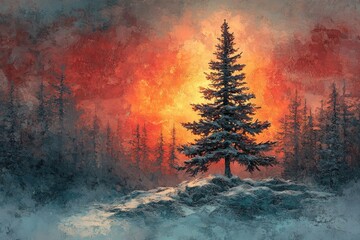 A serene winter scene with a snow-covered pine tree against a vibrant orange and red sky, evoking a peaceful feeling.