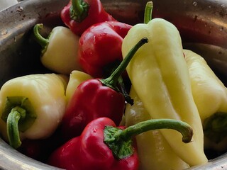 Fresh peppers. A combination of red and yellow paprika, washed and prepared for cooking.