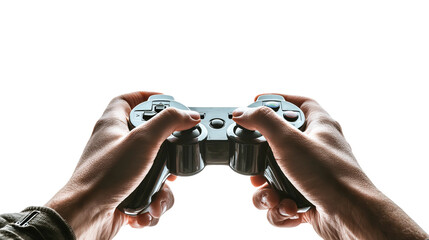 Gamer's Grip: An evocative image capturing the intense focus and anticipation of a gamer, with a pair of hands firmly clutching a game controller against an isolated backdrop.