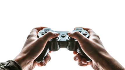 Gamer's Grip: An evocative image capturing the intense focus and anticipation of a gamer, with a pair of hands firmly clutching a game controller against an isolated backdrop.