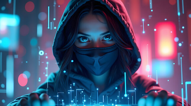 Cute hacker girl wearing black hoodie and wearing mask with technology background. - Powered by Adobe