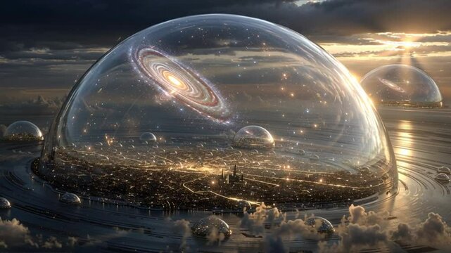 Futuristic Cityscape Under a Dome With Galaxies Visible at Sunset Generative AI