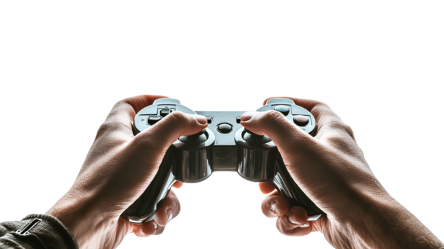 Gamer's Grip: An evocative image capturing the intense focus and anticipation of a gamer, with a pair of hands firmly clutching a game controller against an isolated backdrop.