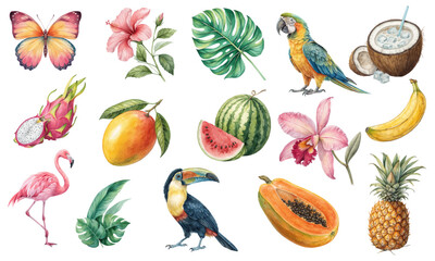 Watercolor Tropical Vector Set with Exotic Birds, Fruits, Flowers, and Leaves for Creative Design