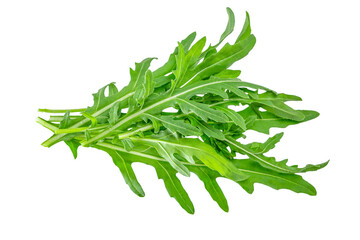 A fresh bunch of arugula leaves isolated on white background, showcasing their vibrant green color...