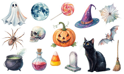 Watercolor Vector Halloween Clipart Set with Pumpkin, Witch Hat, Ghost, Black Cat, Skull, Bat, and Magic Elements