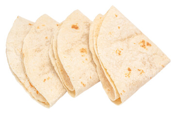 A stack of folded flour tortillas isolated on white background, perfect for tacos, wraps, burritos,...