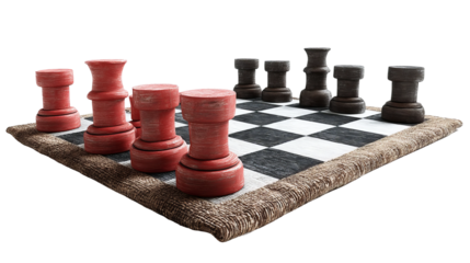 Chessboard Strategy: A captivating, strategic battle unfolds on a chessboard with intricately designed pieces, symbolizing intellect and tactical prowess.