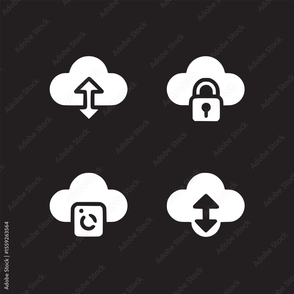 Poster a set of four white cloud icons with different symbols inside on a black background design element
