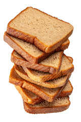 A tall stack of sliced brown bread isolated on white background, showcasing the golden crust and...