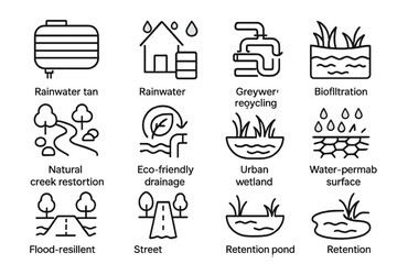 Sustainable water management icons: recycling, filtration, retention, eco-friendly design