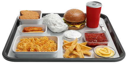 Feast Tray: A comprehensive array of fast food, encompassing burgers, sides, and refreshing beverages, neatly arranged on a tray, presenting a visually appetizing and convenient meal option.