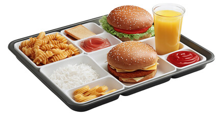 "Wholesome Meal Tray: A balanced tray filled with nutritious items showcases a vibrant school lunch or home-cooked meal, featuring burgers, fries, juice, and other appealing elements.