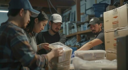 Team Collaborating in Warehouse on Packaged Goods Organization