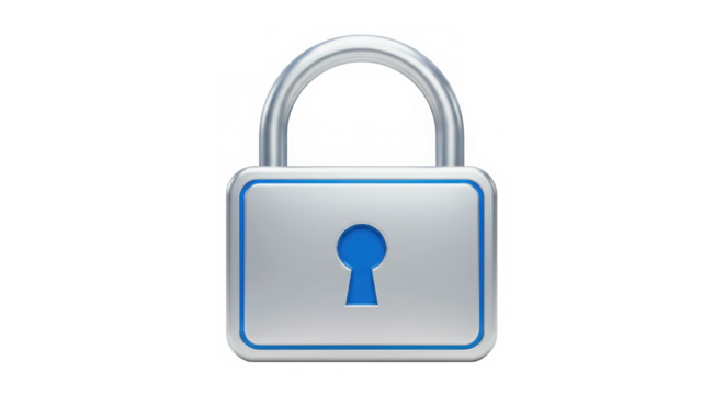 Shiny silver padlock with blue trim and keyhole isolated on transparent background - Powered by Adobe